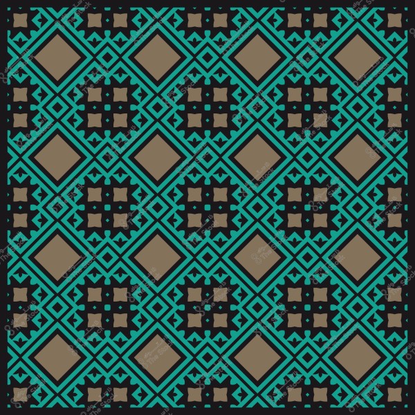 نقش هندسي تقليدي يحتوي على شكل مربعات ومعينات بألوان بني وزرقاء.