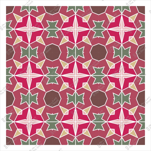 تصميم زخرفي هندسي بألوان وردية وخضراء وبيج, مستوحى من الفن الإسلامي.