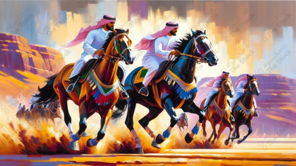 An acrylic painting of Saudi men riding horses in the desert with mountains behind them, arts and drawings, the art of drawing.