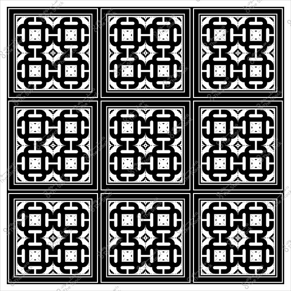 نمط بلاط مزخرف بتصميم أسود وأبيض مكون من تسعة مربعات متكررة بزخارف هندسية.