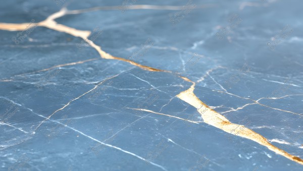 An image featuring a light blue marble surface with prominent natural cracks filled with gold color, adding a unique artistic touch. The design appears to be inspired by the Japanese Kintsugi style, emphasizing beauty in natural flaws.