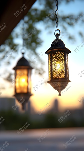 Two ornate metal lanterns hanging by chains, illuminated in the sunset light. The front lantern displays intricate traditional geometric patterns, while the second lantern is blurred in the background. The scene reflects a serene ambiance with a blue and orange sky in the backdrop.