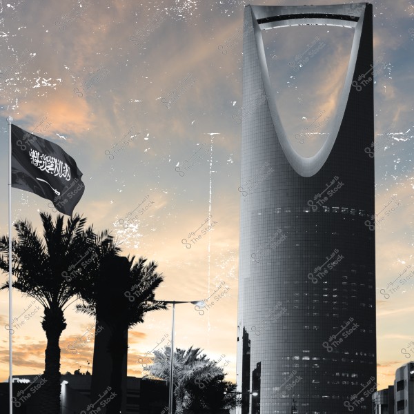 The iconic Kingdom Tower in Riyadh, Saudi Arabia, is prominently displayed in the center of the image with its distinctive curved top. In the foreground, there are palm trees and a clear silhouette of the Saudi flag waving in the breeze. The sky in the background is colored by a sunset, adding a special charm to the scene.