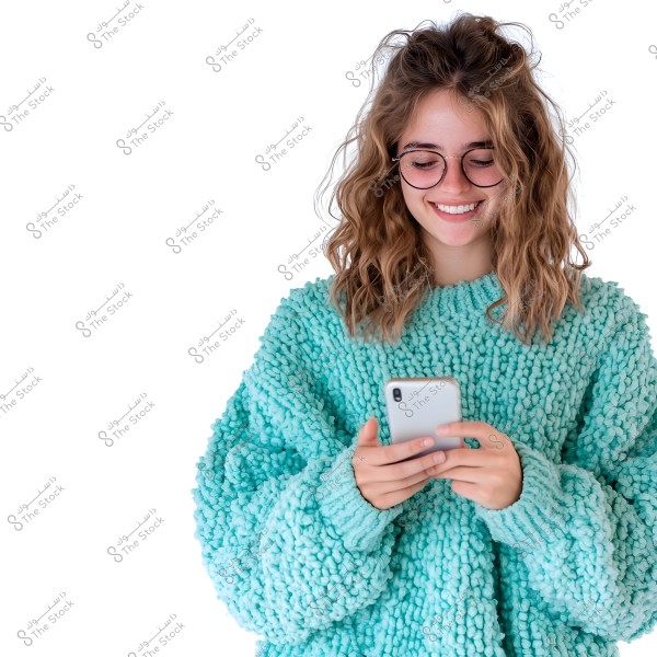 A portrait of a person wearing a loose, light blue sweater. The person has long, wavy, light brown hair and is wearing round glasses. They appear happy while looking at the mobile phone they are holding in their hands.
