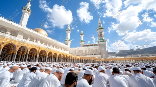 Image of a large group of people wearing white Ihram clothing, sitting in orderly rows around the Masjid al-Haram in Mecca. The background features the mosque\'s domes and minarets under a blue sky with some white clouds.
