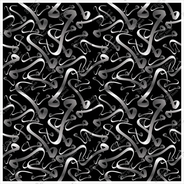Decorative design with wavy Arabic calligraphy in silver colors on a black background.