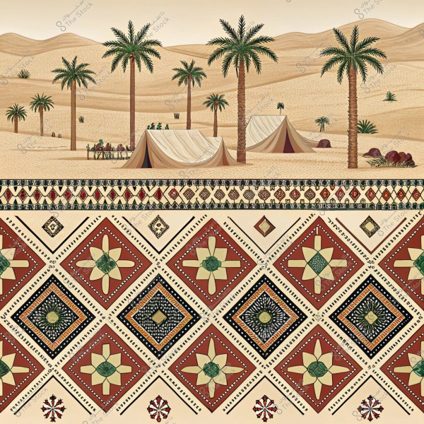 صورة تمثل مشهدًا صحراويًا يظهر فيه عدد من الخيام البدوية موضوعة بين أشجار النخيل. في الخلفية, تظهر الرمال الذهبية مع بعض الناس يجلسون بجانب الخيام. يتميز الجزء السفلي من الصورة بزخارف تقليدية بأشكال هندسية بألوان الأحمر والأخضر والأصفر, مما يضفي طابعًا ثقافيًا عربيًا مميزًا.