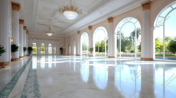 Image of an expansive and luxurious hall with a classic design, featuring white columns adorned with gold and a shiny marble floor. The ceiling is decorated with large crystal chandeliers, and the walls have large arched windows offering views of lush gardens and palm trees.