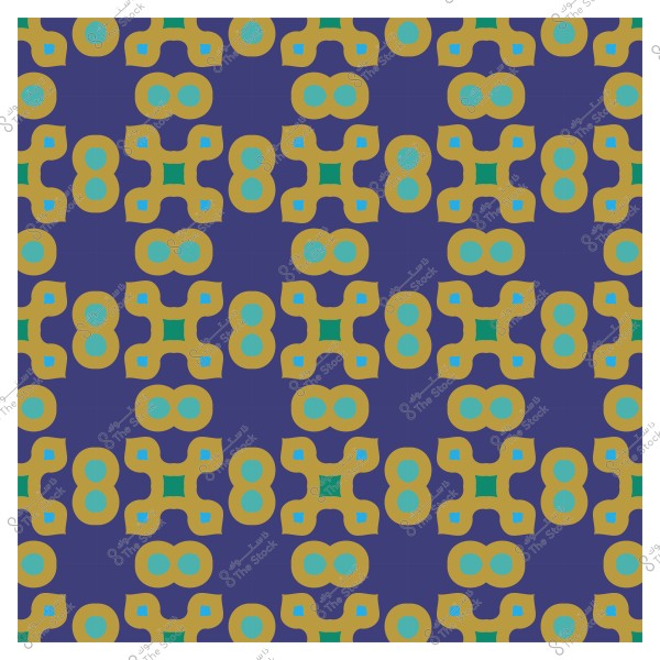 نمط هندسي ملون بأشكال متكررة باللون الأزرق والأخضر والذهبي على خلفية زرقاء داكنة.