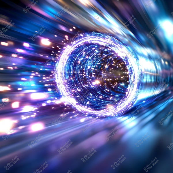 صورة تظهر أشكالاً دائرية مضيئة باللونين الأزرق والبنفسجي, تشبه النفق أو البوابة الضوئية, مع تأثيرات ضوئية نابضة ودوامات مشعة. الخلفية مليئة بالألوان الزاهية والحركة الديناميكية.