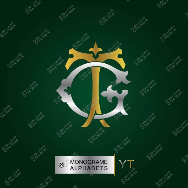 تصميم شعار أحادي اللون يحتوي على حروف متداخلة باللونين الذهبي والفضي على خلفية خضراء داكنة.