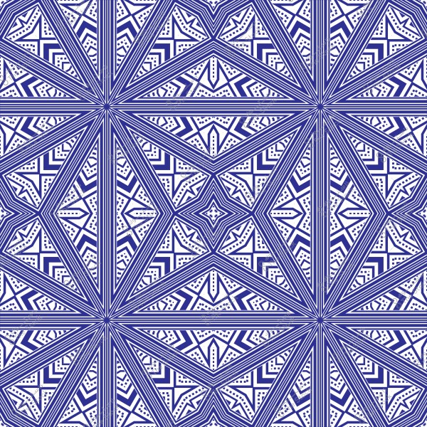 نمط هندسي معقد يتكون من خطوط زرقاء وبيضاء متداخلة تشكل أشكال نجومية ومثلثات متكررة. التصميم يظهر تناظراً دقيقاً ويعبر عن فن الأرابيسك التقليدي.