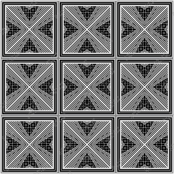 تصميم هندسي معقد بالأبيض والأسود مكون من تسعة مربعات تحتوي على أنماط متداخلة من الخطوط المتقاطعة.