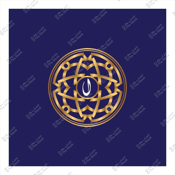 تصميم دائري ذهبي معقد يحتوي في مركزه على شكل باللون الأزرق الداكن مكتوب بداخله حرف "ن" باللغة العربية. الخلفية زرقاء داكنة, والتصميم يعكس الفن الإسلامي أو الزخارف التقليدية.

-