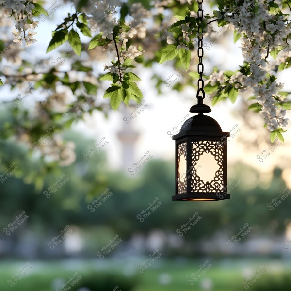 A decorative lantern hangs among blossoming tree branches under daylight. In the background, there\'s a blurred minaret of a mosque. The image evokes a sense of tranquility and serenity.