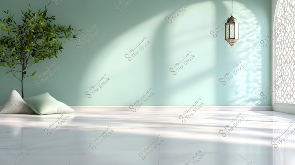 A serene sunlit room with light blue walls featuring a small tree with two light-colored cushions next to it. A metallic lantern hangs in the right corner, casting beautiful shadows on the glossy white floor and the decorative arch pattern on the wall.