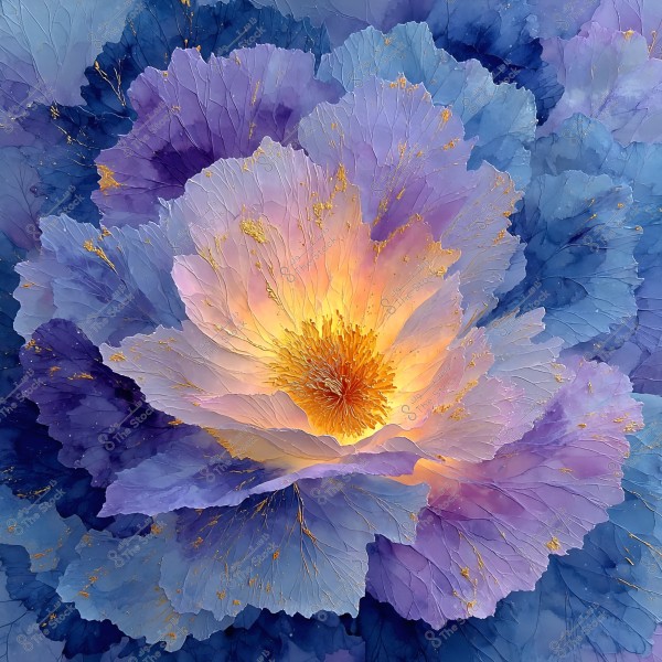 Image of a flower with colors transitioning from blue to purple and pink, with a glowing yellow-golden center. The petals have delicate details and prominent golden lines adding an artistic touch.