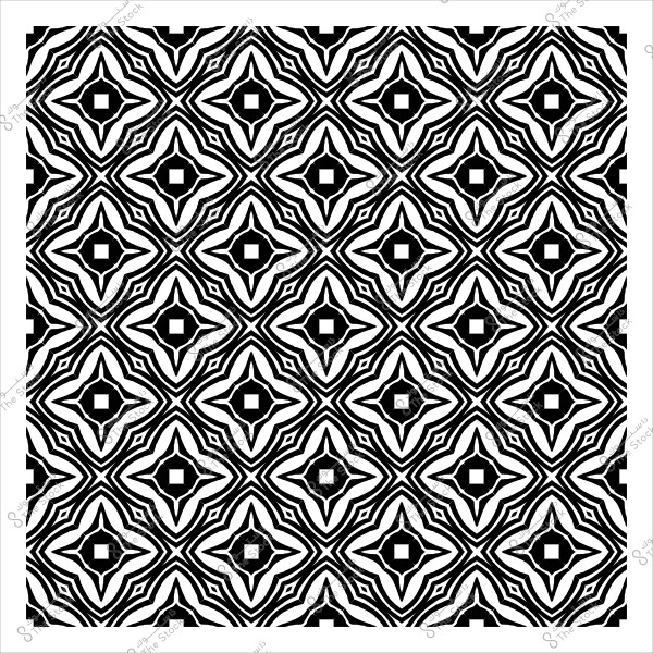 Black and white geometric design with a repeating pattern of intricate decorative shapes.