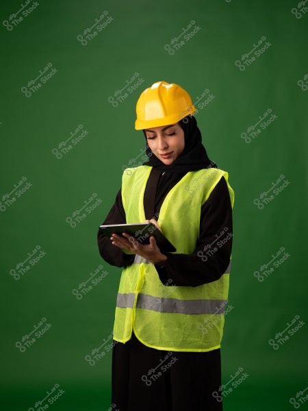 صورة لامرأة ترتدي خوذة أمان صفراء وسترة سلامة عاكسة بنفس اللون. المرأة ترتدي عباءة سوداء وحجاب أسود, وتقف أمام خلفية خضراء. تبدو كأنها تتفحص جهازًا لوحيًا بين يديها, مما يشير إلى نشاط عمل أو دراسة متعلق بالبناء أو الهندسة.