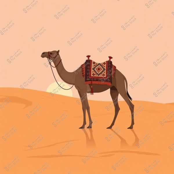 Illustration of a camel standing in a desert with golden sands and the sun on the horizon. The camel is adorned with a piece of rug decorated with warm colors including red and black, featuring geometric patterns.