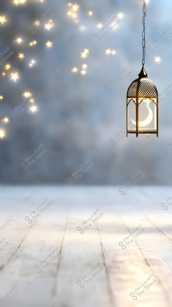 ** A hanging, illuminated Arabic lantern is set against a soft blue, hazy background, with scattered glowing stars in the sky. It features Arabic cultural design and traditional patterns alongside a lit wooden floor.\r\n\r\n**