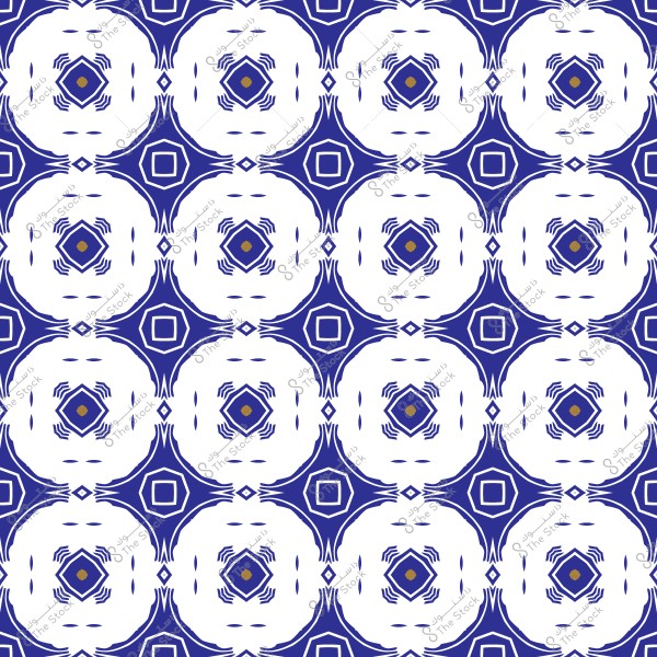 A repeating pattern featuring a blue and white geometric design. The pattern includes intricate square and circular shapes, with symmetrically interlocking forms creating a balanced and harmonious repetitive appearance. Commonly used in textiles or tiles.