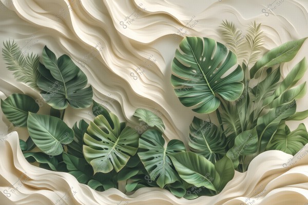 Artistic design featuring a combination of broad green leaves and palm fronds set against a light beige wavy background. The leaves include Monstera and other tropical foliage, depicted with intricate details and soft shadows, creating a three-dimensional effect.