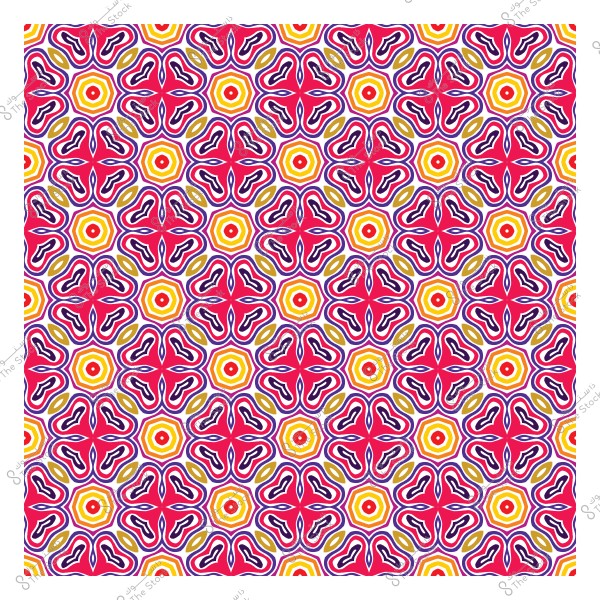 نمط زخرفي متماثل بألوان زاهية تشمل الأحمر والأصفر والأزرق على خلفية بيضاء.