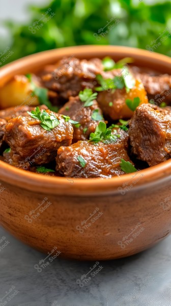 An image of a dish containing pieces of cooked meat in a rich sauce, garnished with fresh parsley leaves. The dish is set in a brown clay bowl, with green leaves in the background, reflecting a traditional food style.