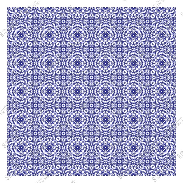 Symmetrical blue decorative pattern with an intricate geometric design repeated across a white background.
