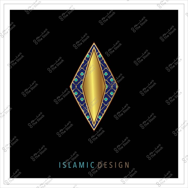 تصميم إسلامي يظهر شكل ماسي ذهبي في المنتصف, محاط بزخارف هندسية زرقاء وتفاصيل بالأزرق الفيروزي, موضوع على خلفية سوداء. النص "ISLAMIC DESIGN" مكتوب بلون مزيج من الأزرق والبني في الأسفل.

-