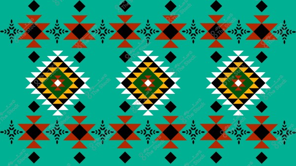 نقش زخرفي هندسي بألوان متعددة على خلفية زرقاء. يتضمن تصميم مستطيل الشكل مجموعة من الأشكال الهندسية بمثلثات حمراء وسوداء وبيضاء, مع نمط بارز في المنتصف يضم ألوان خضراء وبرتقالية. يتم تكرار النمط أفقياً, مكونًا نمطًا متناسقًا.