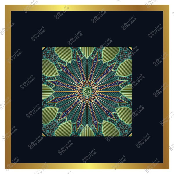 تصميم هندسي متقن بألوان زرقاء وخضراء على خلفية سوداء مع إطار ذهبي.