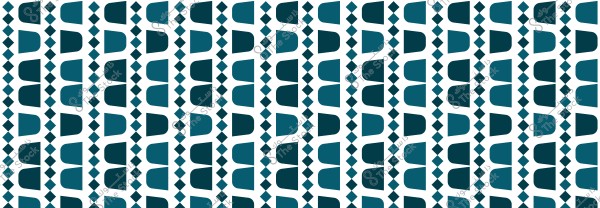 A repeating geometric pattern on a white background, featuring decorations of semi-circular shapes and diamond shapes in dark blue and light blue, arranged in a slanted and symmetrical manner.