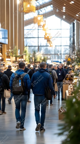The image shows a group of people walking down a corridor with a high wooden ceiling and hanging lights. There are numerous products on the sides, and people are wearing winter clothing like jackets. Natural lighting is visible through the large windows in the background.