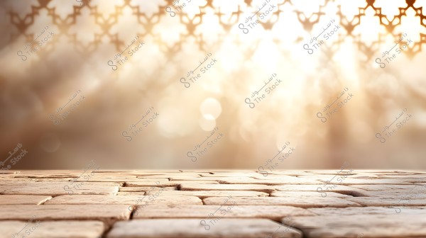 An image showing an old, textured stone pavement in the foreground, with a background of soft bright light streaming through eastern star-shaped patterns. The scene exudes a sense of tranquility and antiquity.