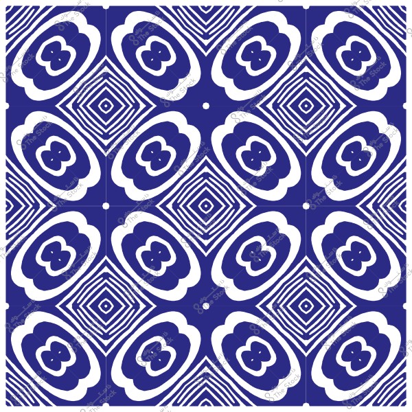 تصميم هندسي معقد يحتوي على أشكال بيضاوية ومربعات باللونين الأزرق الداكن والأبيض.