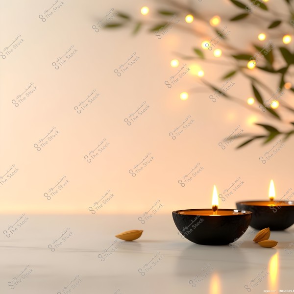 Image of two small black bowls containing lit candles, placed on a smooth white surface. Beside the bowls, there are brown almond-like shells. In the background, green leaves with scattered small lights create a calm and relaxing atmosphere.