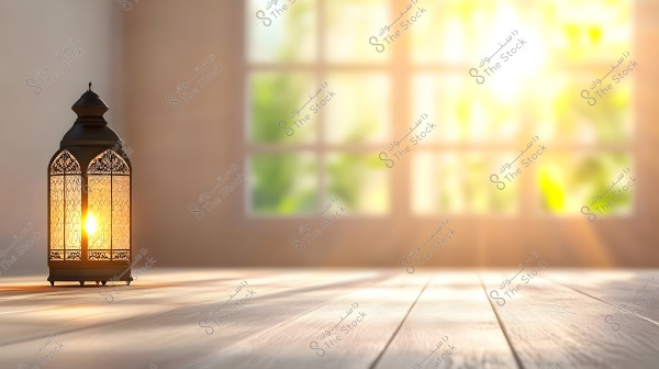A traditional lantern lit with a golden glow sits on a wooden floor illuminated by sunlight. In the background, there is a large window allowing natural light to stream in, creating a serene and warm atmosphere.