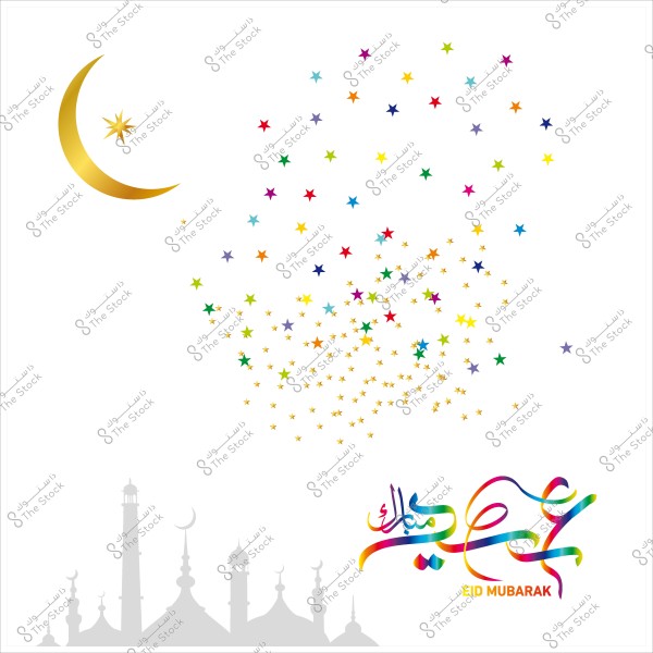 Golden crescent moon and colorful stars with Eid Mubarak text, with a silhouette of a mosque at the bottom.