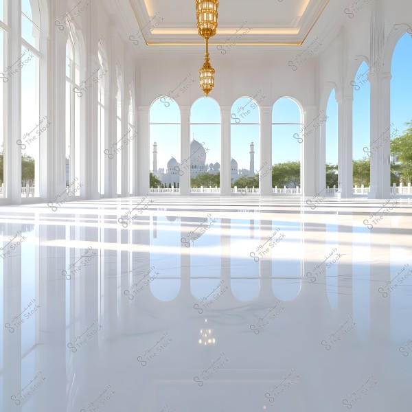 The image depicts an interior hall with a luxurious architectural design featuring large white columns and arches. The ceiling has golden chandeliers hanging down. A grand mosque with domes and minarets is visible through the windows, likely situated in a Gulf country.
