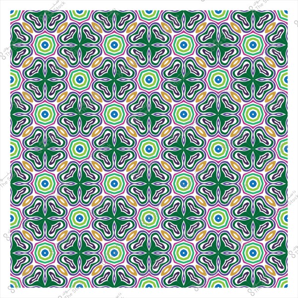 Repeating colorful geometric pattern with hexagonal shapes in green, blue, yellow, and pink.