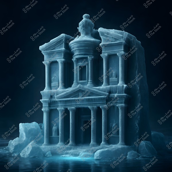 Image of a frozen ancient building facade made of ice, resembling the famous Treasury design in Petra, Jordan. The structure is shown with its pillars and architectural details, surrounded by pieces of ice floating on a calm body of water under dim light.