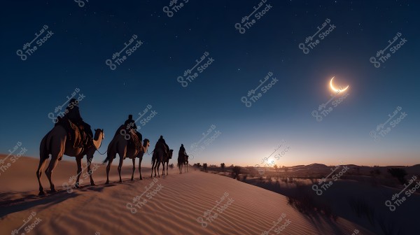 A scene depicting a group of camels walking in a line during sunset in a vast desert. A bright crescent moon is visible in the starry sky. The horizon shows a mix of warm and cool colors with sand dunes and scattered vegetation in the background.