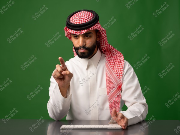 A man wearing traditional Saudi attire sits in front of a computer, making hand gestures while working.