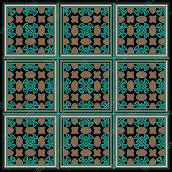 Islamic decorative pattern consisting of sets of square tiles in blue, black, and brown, forming a geometric repeating design.