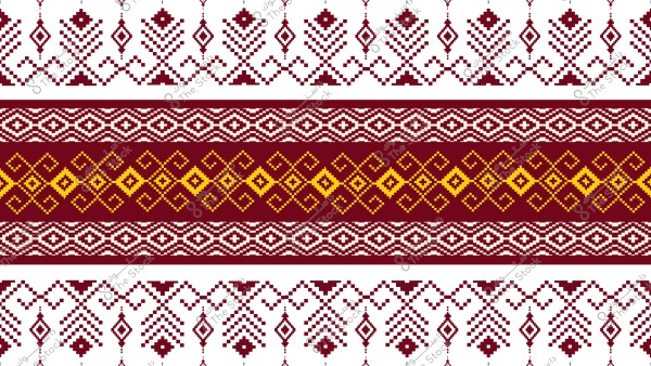 تصميم مستوحى من التطريز التقليدي, يحتوي على أنماط هندسية بألوان تشمل البني الداكن والأصفر والأبيض. تكرار الأنماط يشبه زخارف مستوحاة من التراث الثقافي.