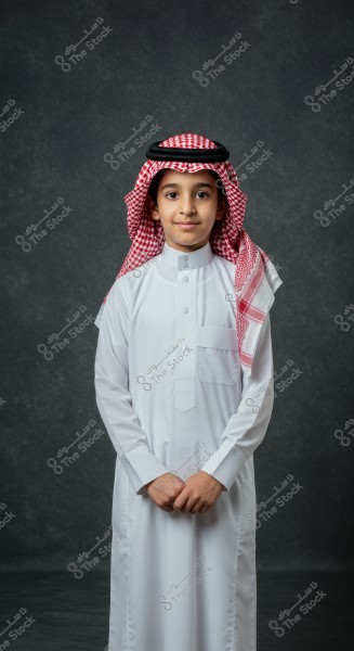 A portrait of a young boy wearing a traditional white thobe and a red and white shemagh with an agal. He stands in front of a dark gray background, looking calmly directly at the camera.