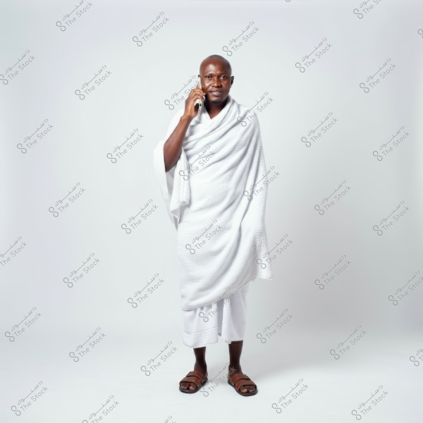 A man dressed in traditional white clothing resembling pilgrimage attire stands in a well-lit white space, holding a phone beside him. He is wearing brown sandals.