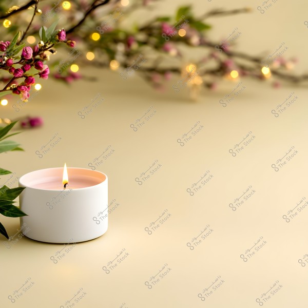 Image of a lit white candle in a round holder placed on a beige surface. In the background, there are branches of small pink blossoms with tiny glowing yellow fairy lights, creating a calm and romantic atmosphere. Some green leaves are visible on the left side of the image.